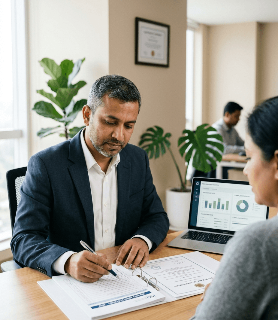 B-Compliance auditor reviewing certification documents in a professional office setting