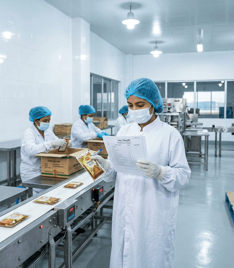 Bangladesh food-processing facility — workers in hygiene gowns at the packaging line