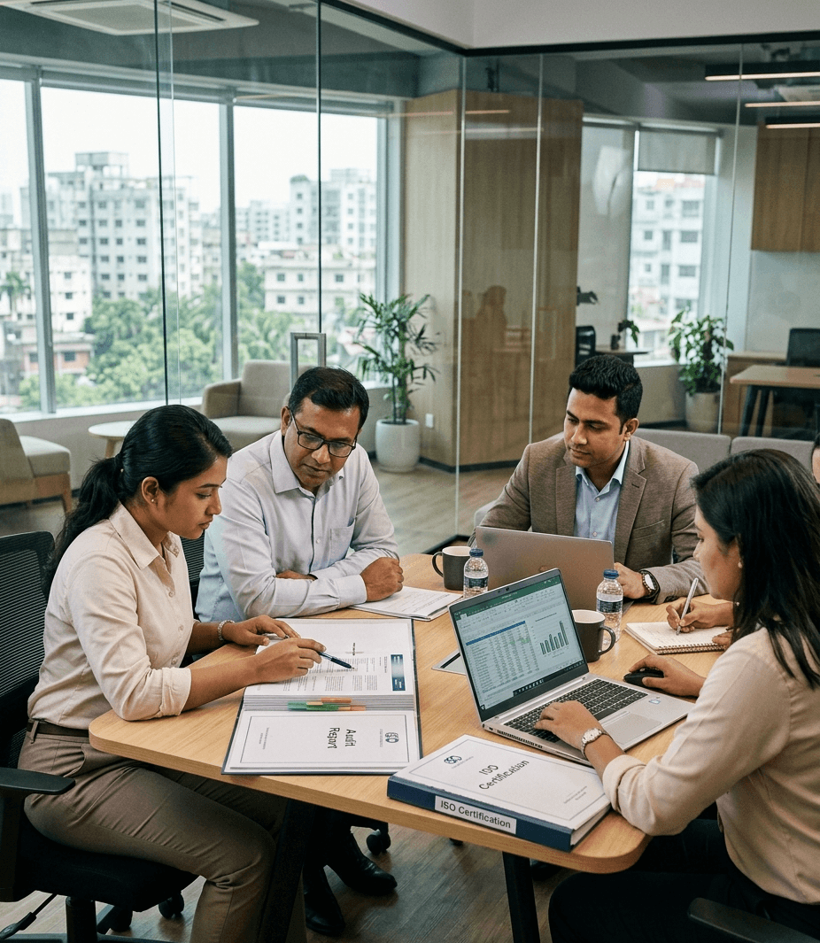 A team of auditors collaborating over certification documents — representing B-Compliance's result-oriented delivery.