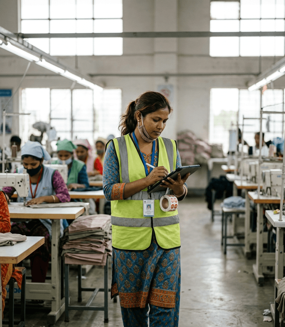 QC inspector with tablet on a Bangladesh garment factory floor, reviewing production