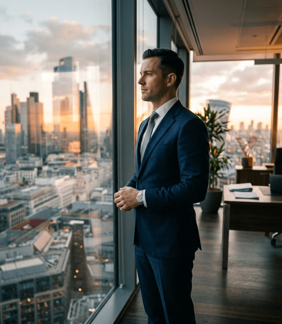 A compliance professional looking out over an international city skyline — representing B-Compliance's global reach.